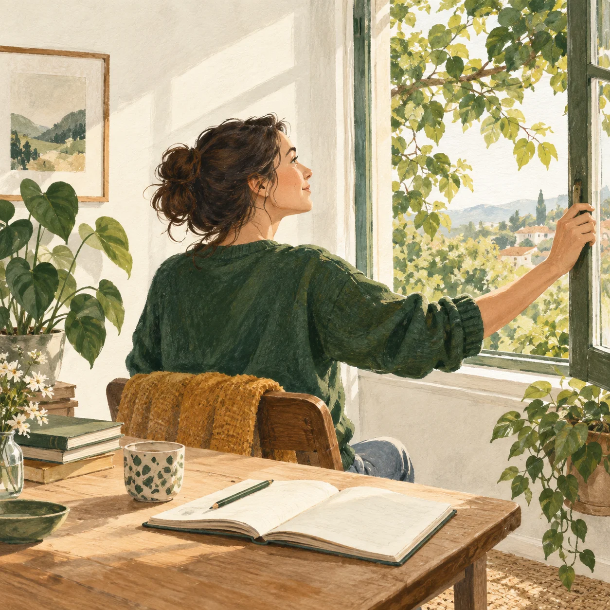 A woman opening a window beside an open notebook